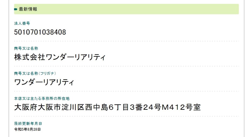 ワンダーリアリティー登記